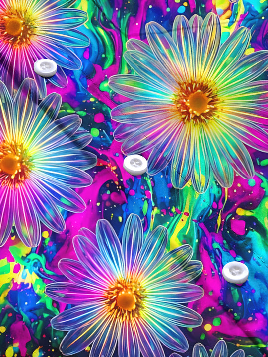 Adaychic Men's Hawaiian Neon Daisy Flowers Print Long Sleeve Shirt with Chest Pocket