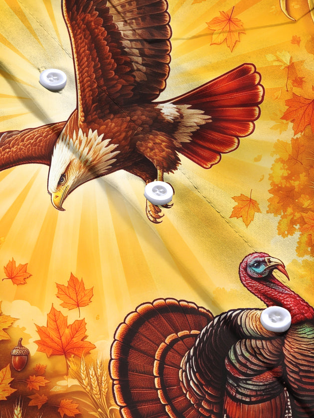 Adaychic Men's Thanksgiving Bald Eagle And Turkeys Print Long Sleeve Shirt with Chest Pocket