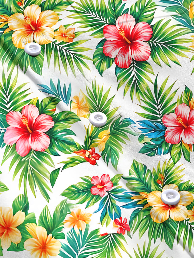 Adaychic Men's Long Sleeve Shirt - Tropical Hibiscus Flowers And Palm Leaves Print with Chest Pocket