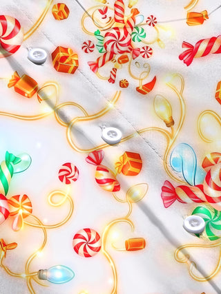 Adaychic Men's Hawaiian Christmas Lights And Candy Print Long Sleeve Shirt with Chest Pocket