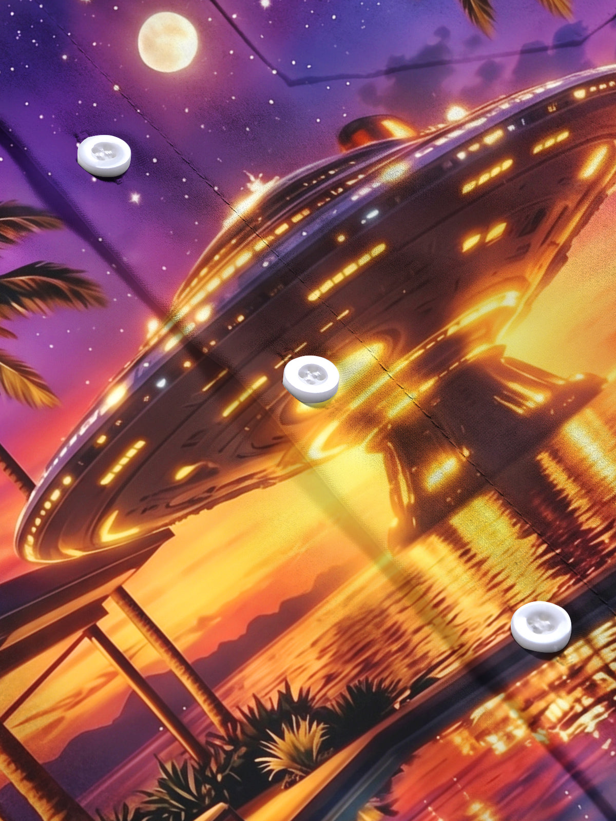 Adaychic Men's Hawaiian UFO Night Sky Print Palm Trees Print Long Sleeve Shirt with Chest Pocket