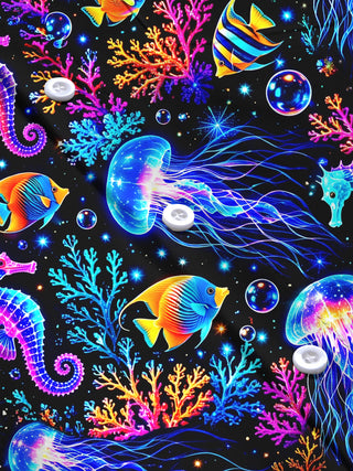 Adaychic Men's Graphic Neon Jellyfish And Seahorse Print Long Sleeve Shirt with Chest Pocket