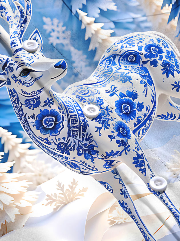 Adaychic Men's Graphic Blue And White Porcelain Elk Print Long Sleeve Shirt with Chest Pocket