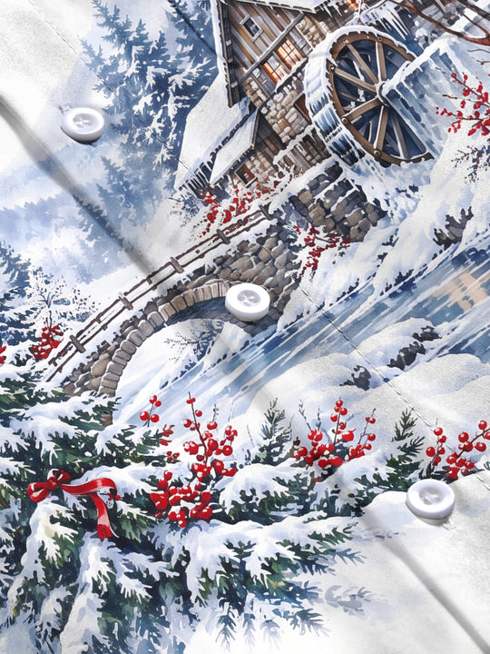 Adaychic Men's Long Sleeve Shirt - Winter Snowy Landscape With Wooden House And Waterwheel Print with Chest Pocket