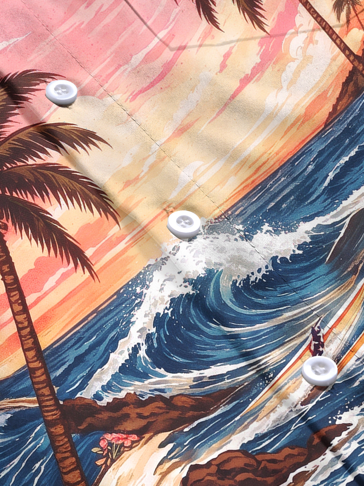 Adaychic Men's Palm Trees And Ocean Waves Print Long Sleeve Shirt with Chest Pocket