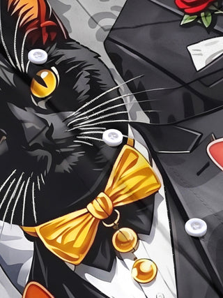 Adaychic Men's Hawaiian Cat In Tuxedo Print Short Sleeve Shirt with Chest Pocket