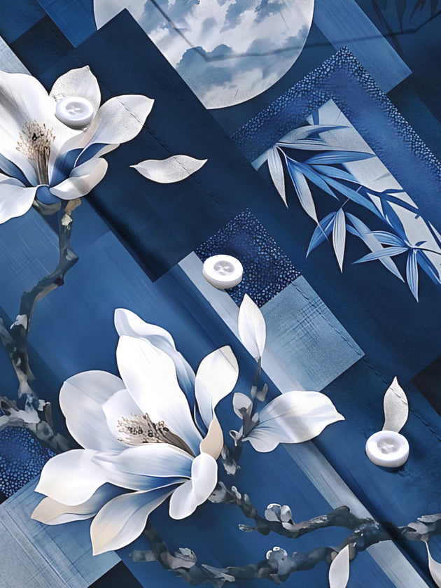 Adaychic Men's White Magnolia Flowers And Bamboo Leaves Print Long Sleeve Shirt with Chest Pocket