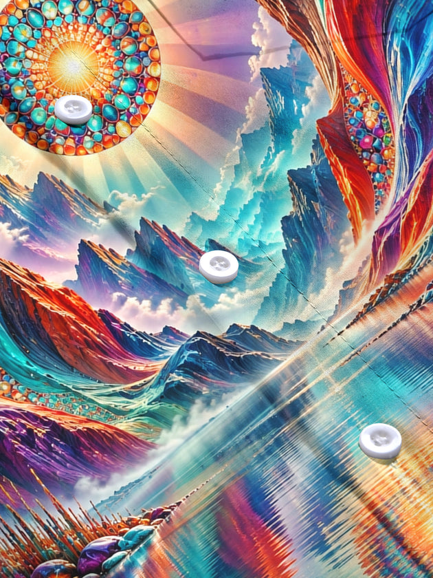 Adaychic Men's Long Sleeve Shirt - Psychedelic Mountain Lake Landscape With Mandala Sun Print with Chest Pocket