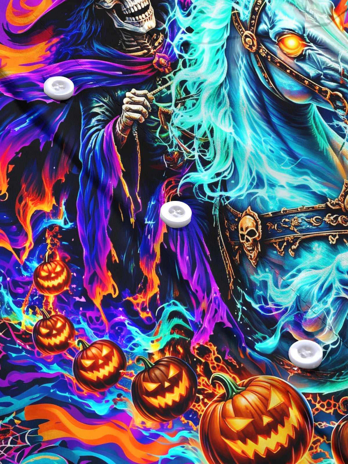 Adaychic Men's Halloween Skeleton Wizard On Ghost Horse Print Long Sleeve Shirt with Chest Pocket