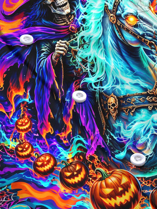 Adaychic Men's Halloween Skeleton Wizard On Ghost Horse Print Long Sleeve Shirt with Chest Pocket