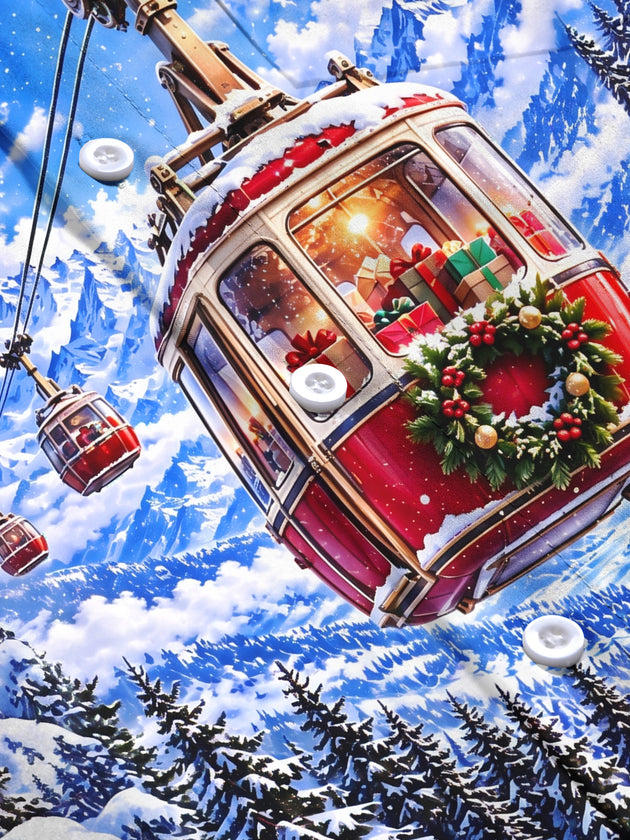Adaychic Men's Long Sleeve Shirt - Mountain Cable Car With Christmas Gifts And Wreath Print with Chest Pocket