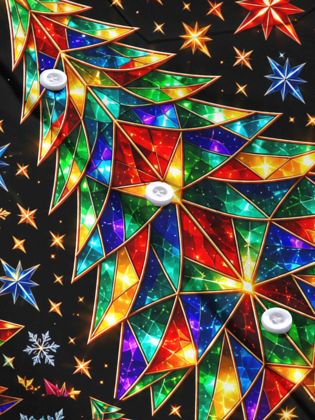 Adaychic Men's Geometric Christmas Trees And Snowflakes Print Long Sleeve Shirt with Chest Pocket