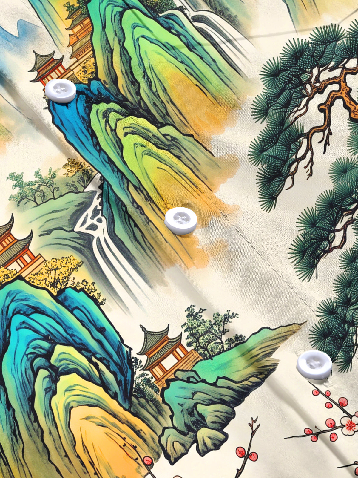 Adaychic Men's Long Sleeve Shirt - Asian Landscape With Mountains And Waterfalls Print with Chest Pocket