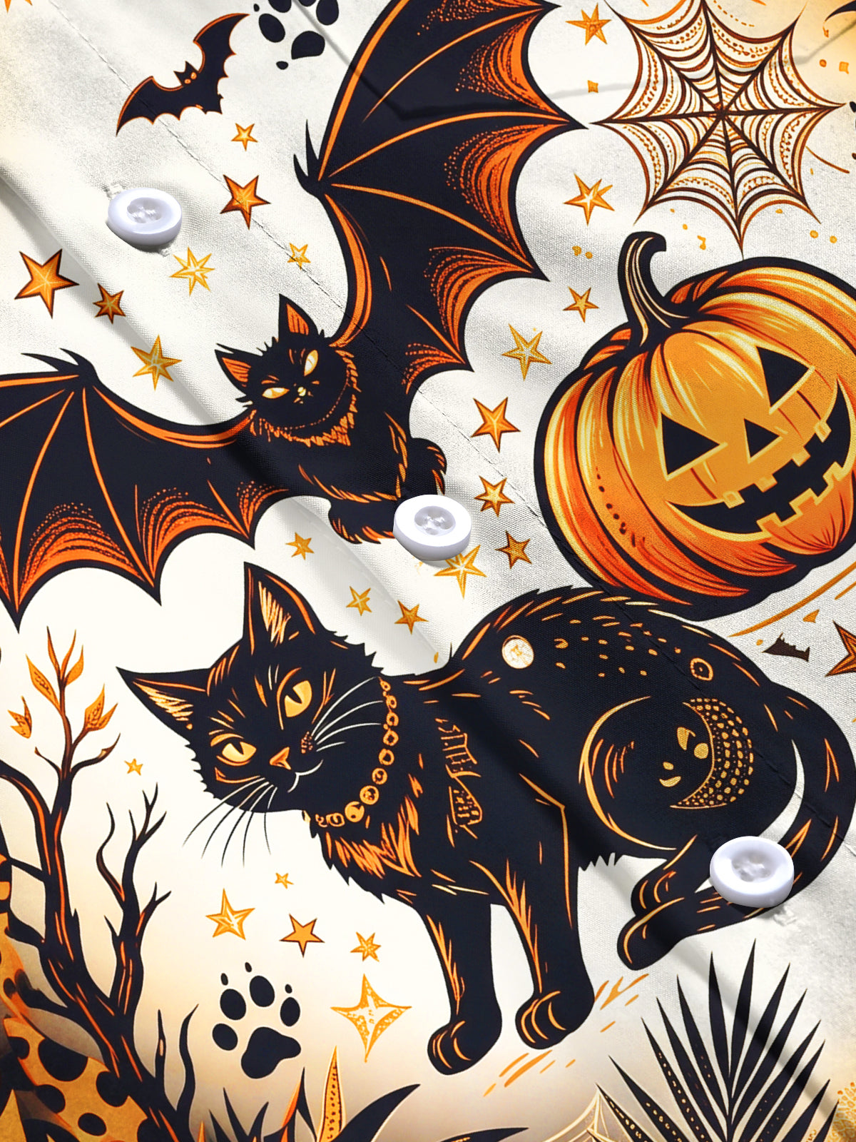Adaychic Men's Halloween Black Cats And Pumpkins Print Long Sleeve Shirt with Chest Pocket