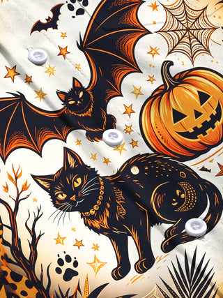 Adaychic Men's Halloween Black Cats And Pumpkins Print Long Sleeve Shirt with Chest Pocket