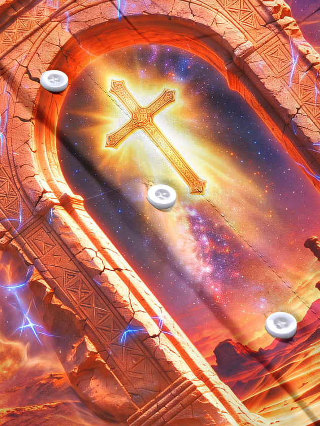 Adaychic Men's Long Sleeve Shirt - Desert Arch And Glowing Cross With Galaxy Sky Print with Chest Pocket