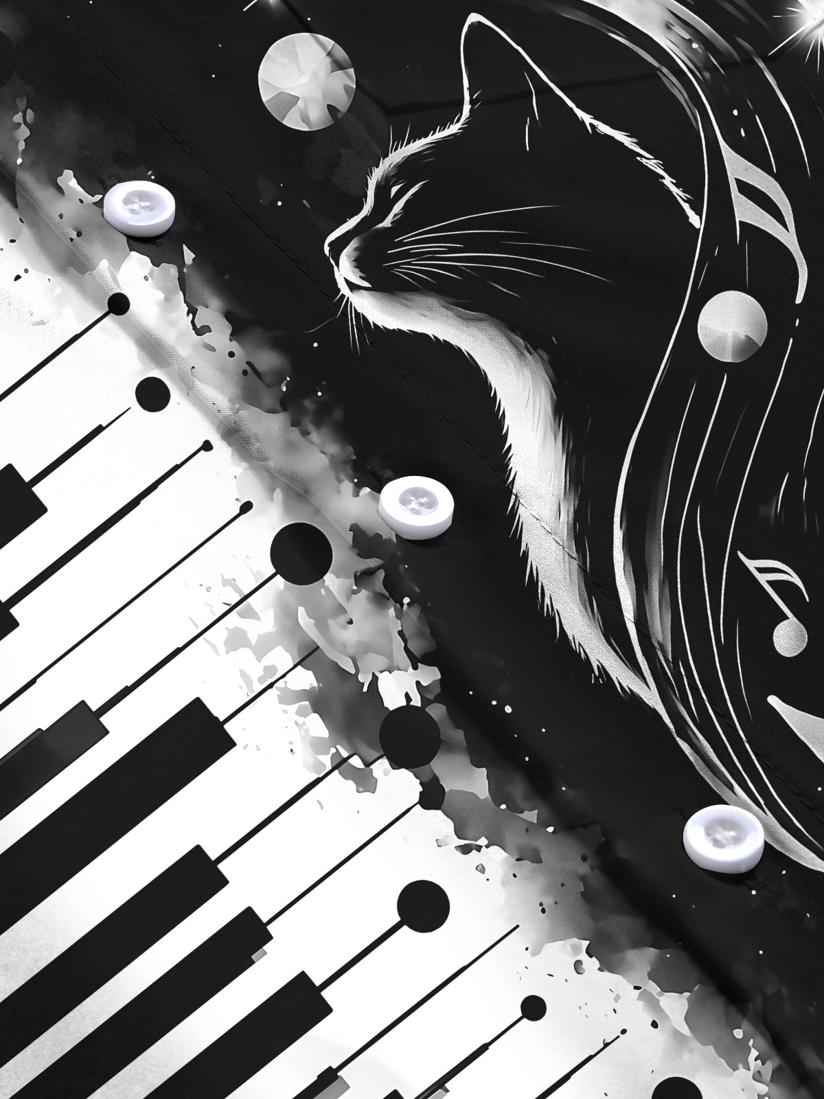Adaychic Men's Piano Keys And Cat With Musical Notes Print Long Sleeve Shirt with Chest Pocket