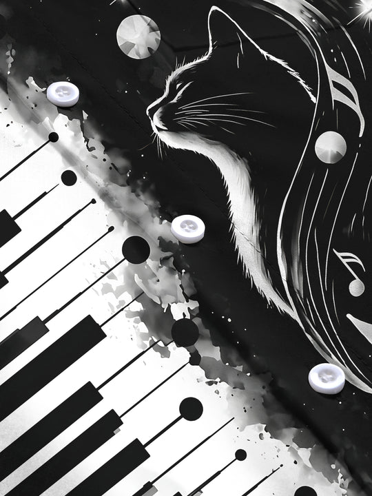Adaychic Men's Piano Keys And Cat With Musical Notes Print Long Sleeve Shirt with Chest Pocket