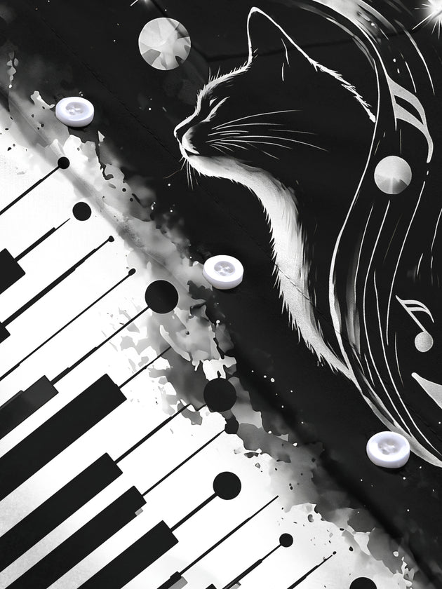 Adaychic Men's Piano Keys And Cat With Musical Notes Print Long Sleeve Shirt with Chest Pocket