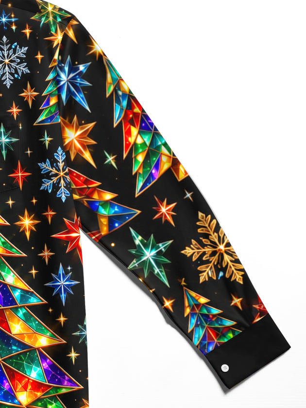 Adaychic Men's Geometric Christmas Trees And Snowflakes Print Long Sleeve Shirt with Chest Pocket