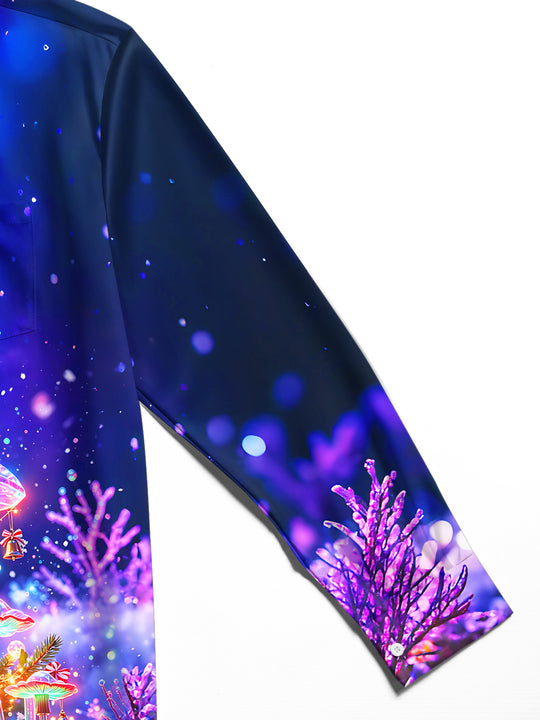 Adaychic Men's Long Sleeve Shirt - Christmas Neon Glowing Mushrooms And Winter Forest Print with Chest Pocket