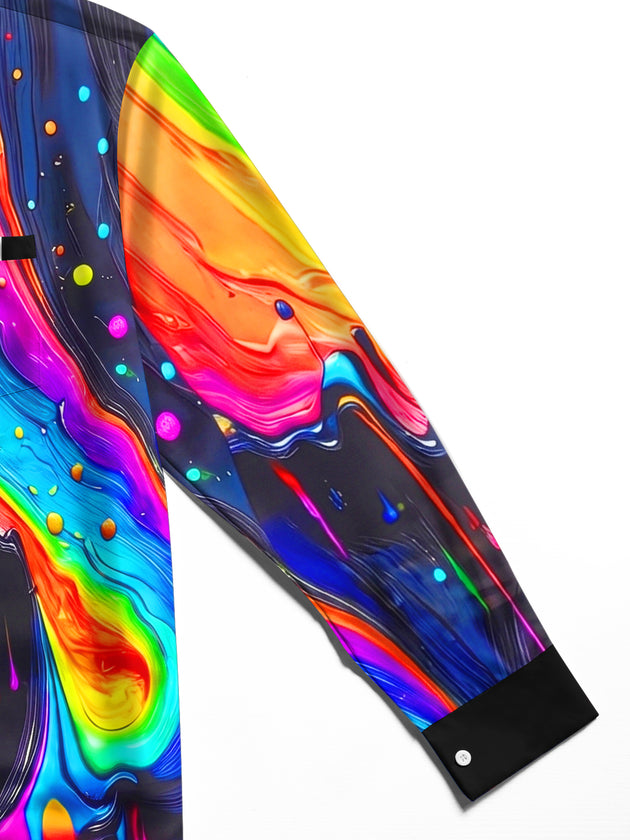 Adaychic Men's Graphic Abstract Rainbow Dripping Paint Print Long Sleeve Button Down Shirt with Chest Pocket