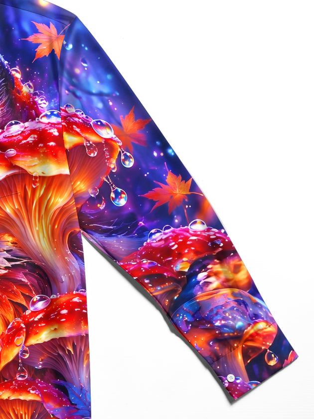 Adaychic Men's Fox And Mushrooms With Maple Leaves Print Long Sleeve Shirt with Chest Pocket