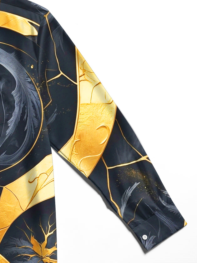 Adaychic Men's Long Sleeve Shirt - Abstract Gold And Black Spiral Art With Nerve-like Patterns Print with Chest Pocket