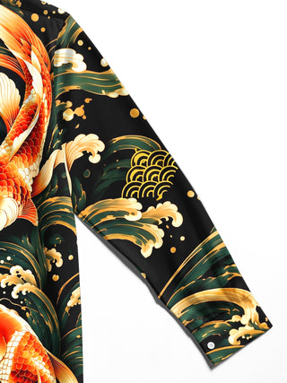 Adaychic Men's Hawaiian Koi Fish And Waves Print Long Sleeve Shirt with Chest Pocket