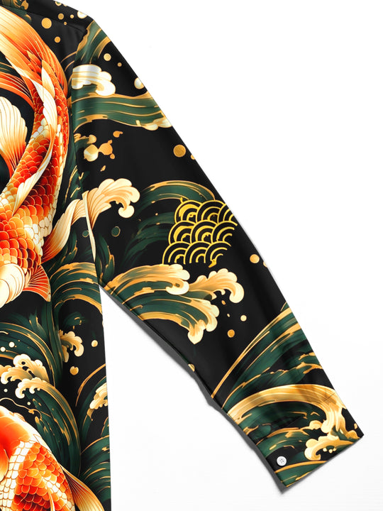 Adaychic Men's Hawaiian Koi Fish And Waves Print Long Sleeve Shirt with Chest Pocket