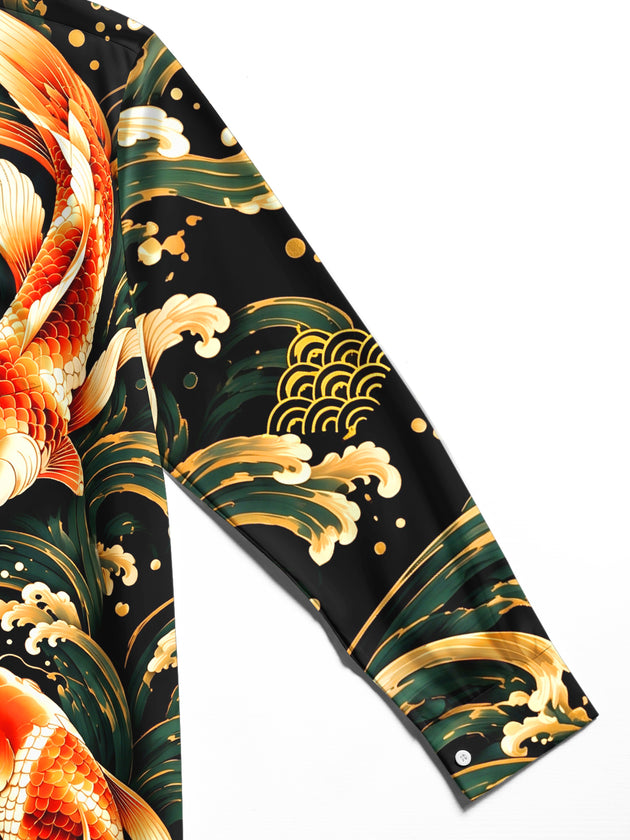 Adaychic Men's Hawaiian Koi Fish And Waves Print Long Sleeve Shirt with Chest Pocket