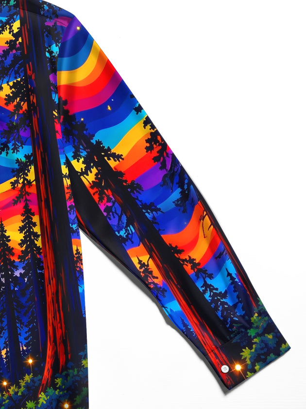 Adaychic Men's Long Sleeve Stand Collar Shirt - Psychedelic Forest Landscape With Full Moon Print