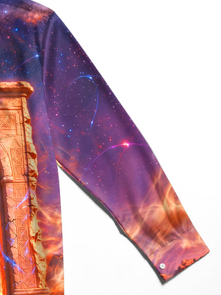 Adaychic Men's Long Sleeve Shirt - Desert Arch And Glowing Cross With Galaxy Sky Print with Chest Pocket