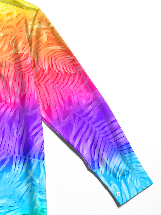 Adaychic Men's Tropical Rainbow Gradient Palm Leaf Print Long Sleeve Button Down Shirt with Chest Pocket