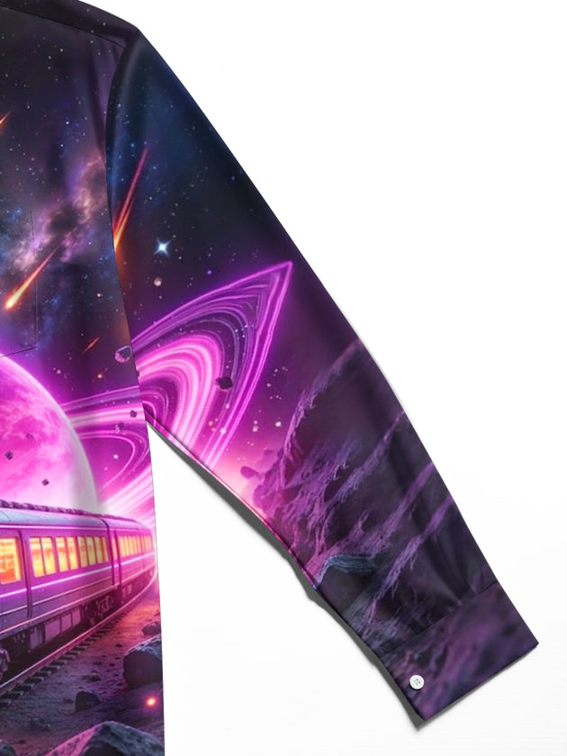 Adaychic Men's Graphic Space Planet And Train Print Long Sleeve Shirt with Chest Pocket