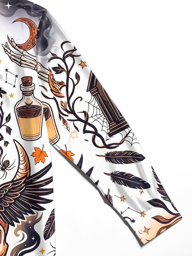 Adaychic Men's Graphic Halloween Skull And Raven Print Long Sleeve Shirt with Chest Pocket