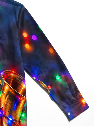 Adaychic Men's Saxophone And Christmas Light String Print Long Sleeve Shirt with Chest Pocket