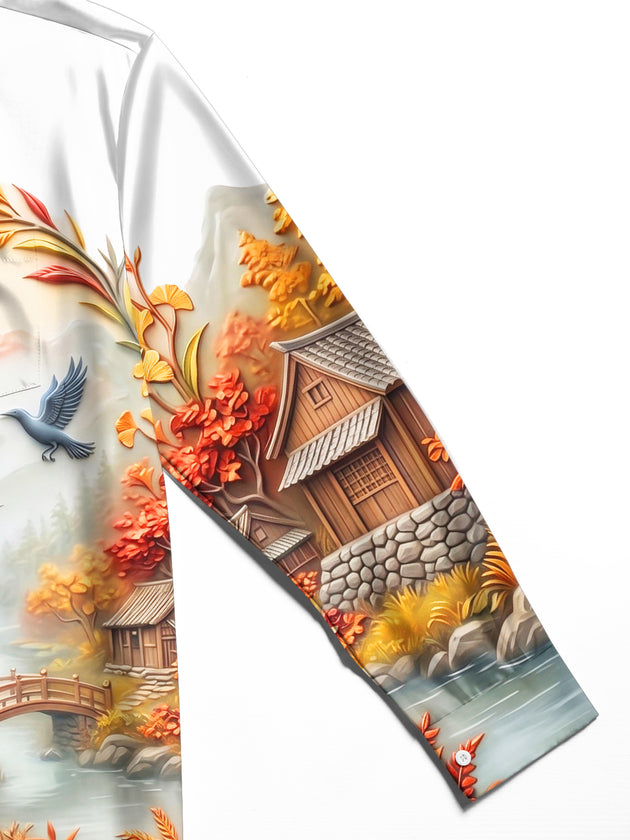 Adaychic Men's Long Sleeve Shirt - Ancient Village Autumn Landscape With Birds And Bridge Print with Chest Pocket
