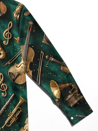 Adaychic Men's Vintage Musical Instruments And Notes Print Long Sleeve Shirt with Chest Pocket