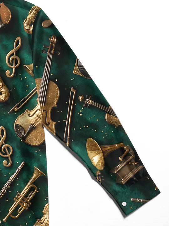 Adaychic Men's Vintage Musical Instruments And Notes Print Long Sleeve Shirt with Chest Pocket