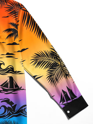Adaychic Men's Short Sleeve Shirt - Tropical Sunset Sailboats And Palm Leaves Print with Chest Pocket
