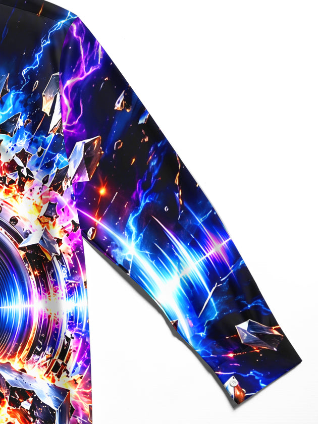 Adaychic Men's Long Sleeve Shirt - 3D Speaker With Lightning And Shattered Crystals Print with Chest Pocket