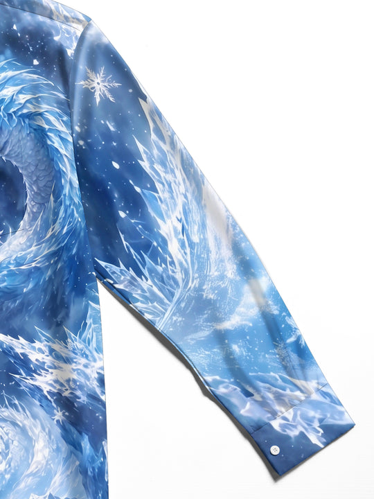 Adaychic Men's Graphic Ice Dragon Print Snowflake Pattern Long Sleeve Shirt with Chest Pocket