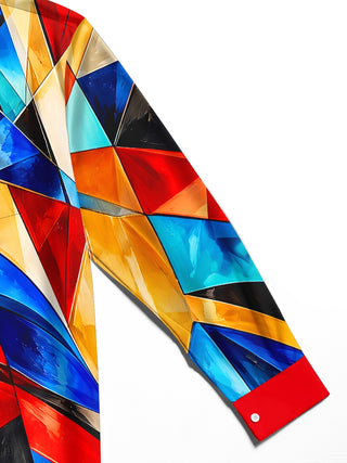 Adaychic Men's Colorful Geometric Abstract Shapes Print Long Sleeve Shirt with Chest Pocket