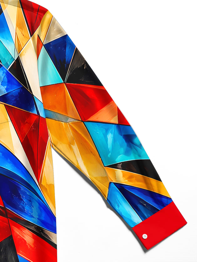 Adaychic Men's Colorful Geometric Abstract Shapes Print Long Sleeve Shirt with Chest Pocket