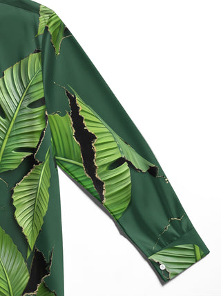 Adaychic Men's Tropical Tropical Palm Leaves Print Long Sleeve Shirt with Chest Pocket