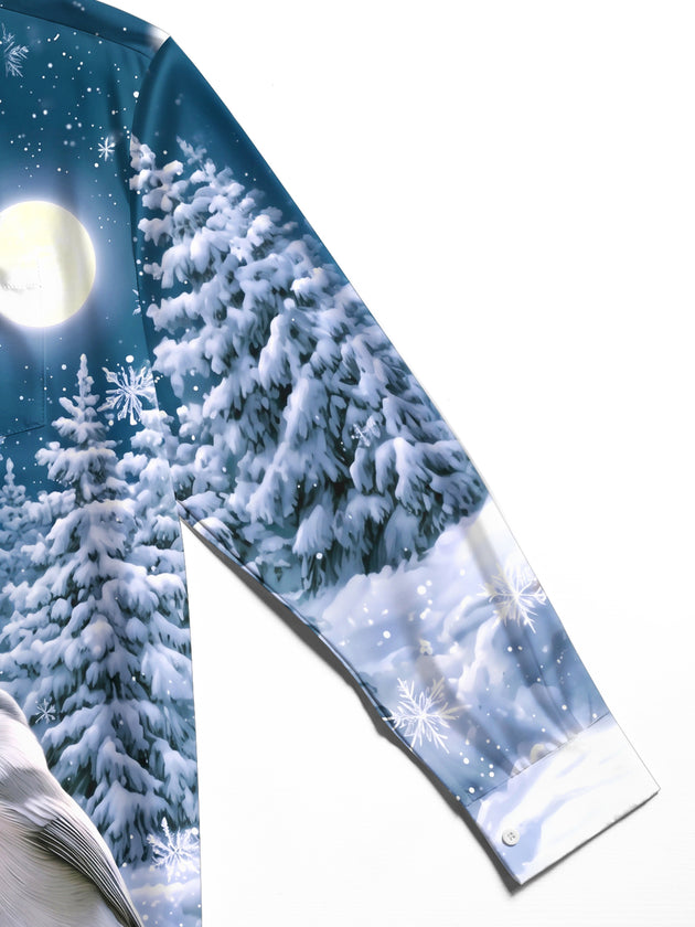 Adaychic Men's Winter Birds And Snowy Pine Trees Print Long Sleeve Shirt with Chest Pocket