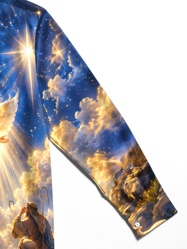 Adaychic Men's Christmas Angel And Shepherds With Sheep Print Long Sleeve Shirt with Chest Pocket
