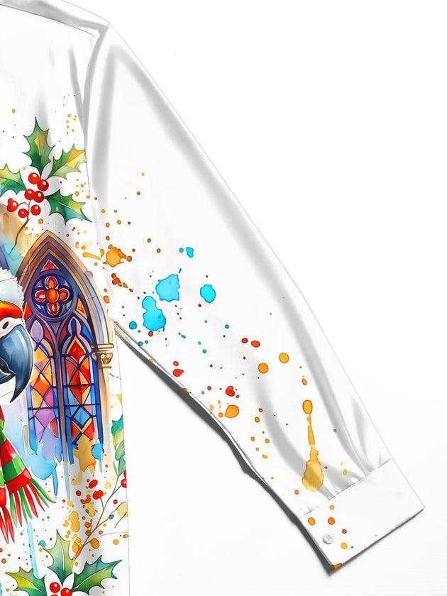 Adaychic Men's Long Sleeve Shirt - Christmas Parrot With Santa Hat And Scarf Print with Chest Pocket