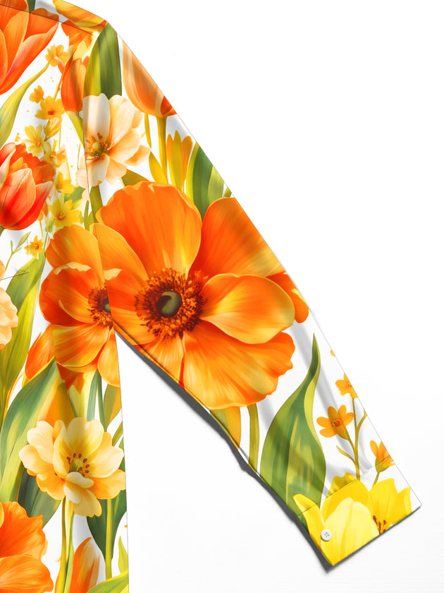 Adaychic Men's Hawaiian Orange Tulip Flowers Print Long Sleeve Shirt with Chest Pocket
